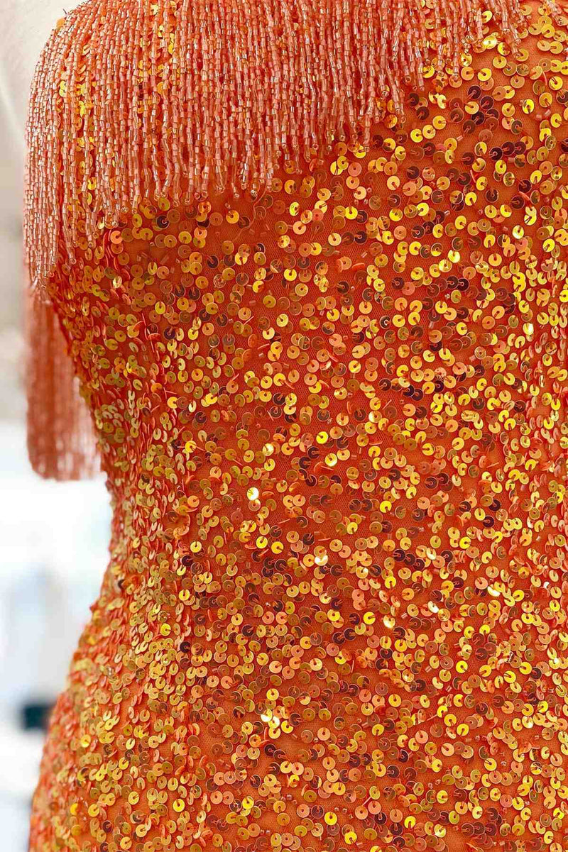 Beaded Fringe Orange Tight Short Homecoming Dress