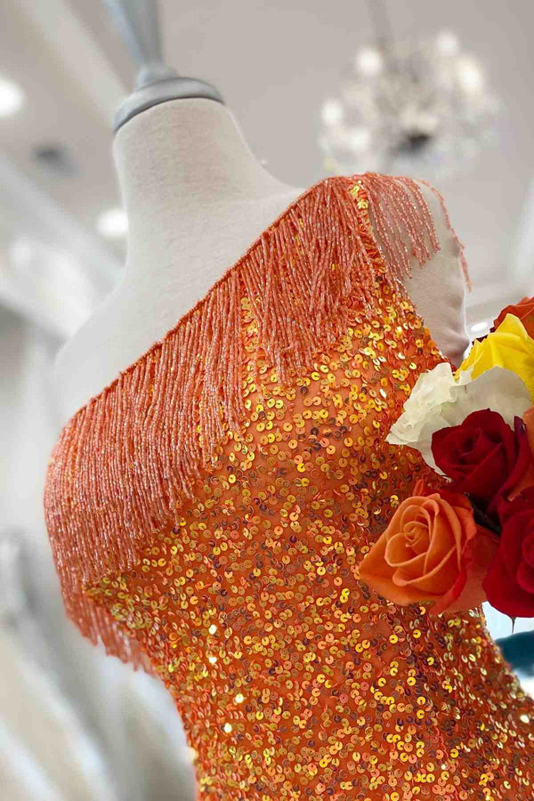 Beaded Fringe Orange Tight Short Homecoming Dress