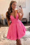 Glitter Tie Straps Hot Pink A-Line Homecoming Dress