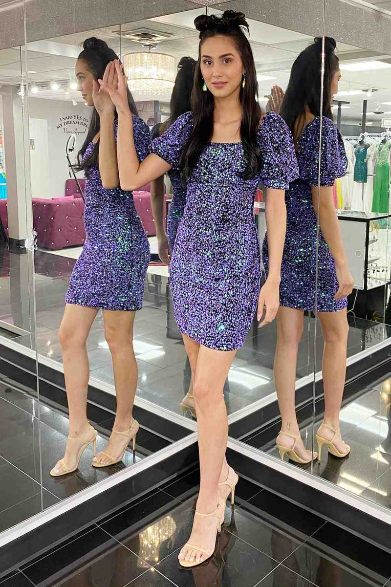 Short Sleeves Purple Square Neck Bodycon Homecoming Dress