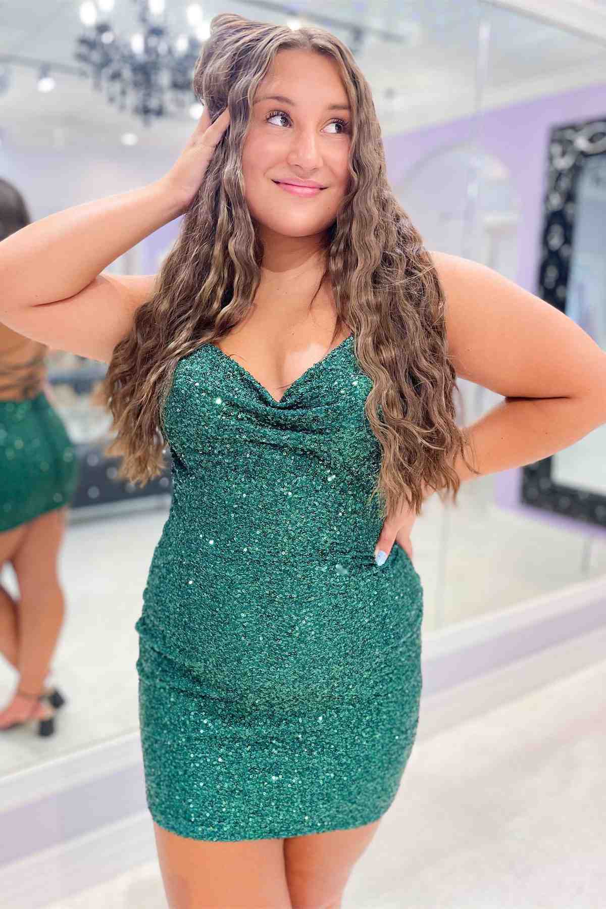 This tight short homecoming dress features hater neckline and sequins. FancyVestido This tight short homecoming dress features hater neckline and sequins. FancyVestido