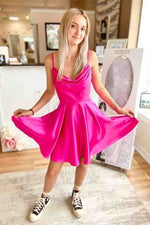 Straps Hot Pink Cowl Neck Short Party Dress