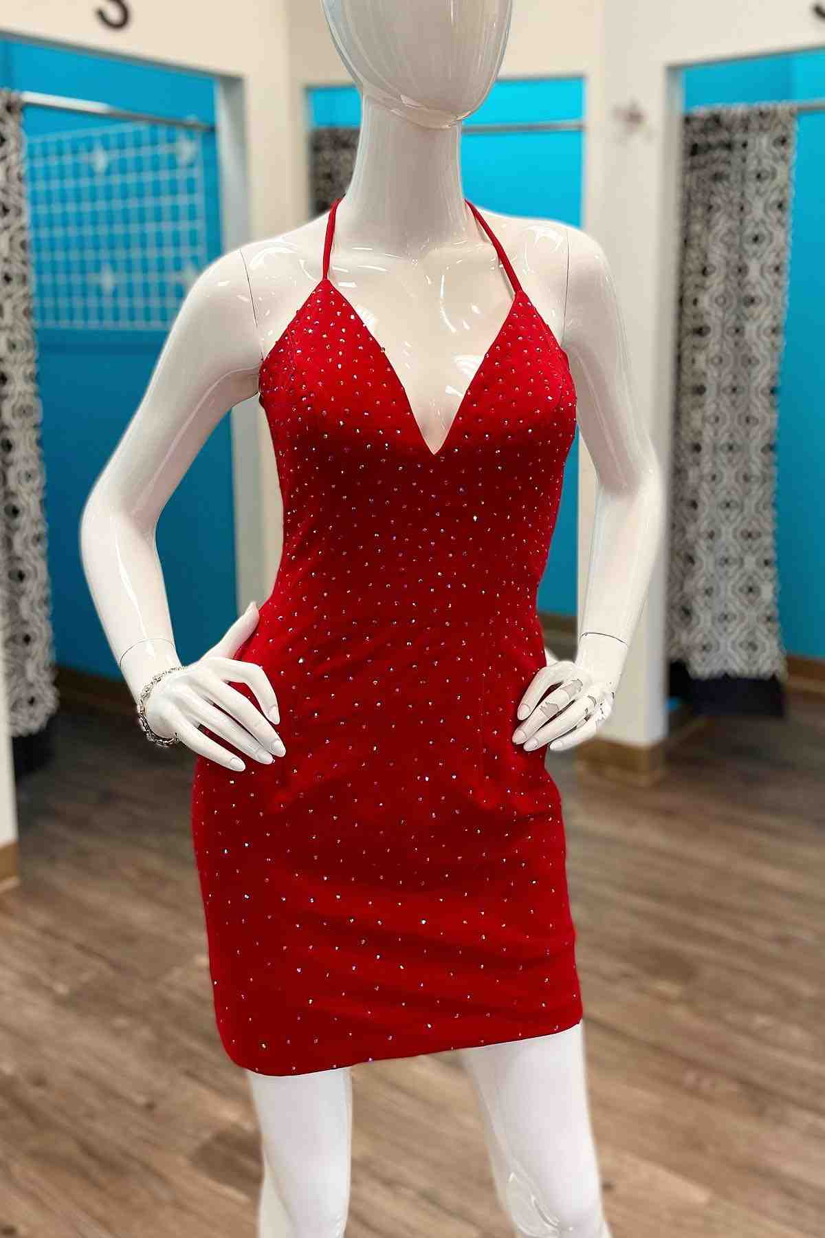 This tight short homecoming dress features hater neckline and sequins. FancyVestido This tight short homecoming dress features hater neckline and sequins. FancyVestido