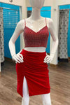 Two Piece Tight Red Homecoming Dress with Rhinestones