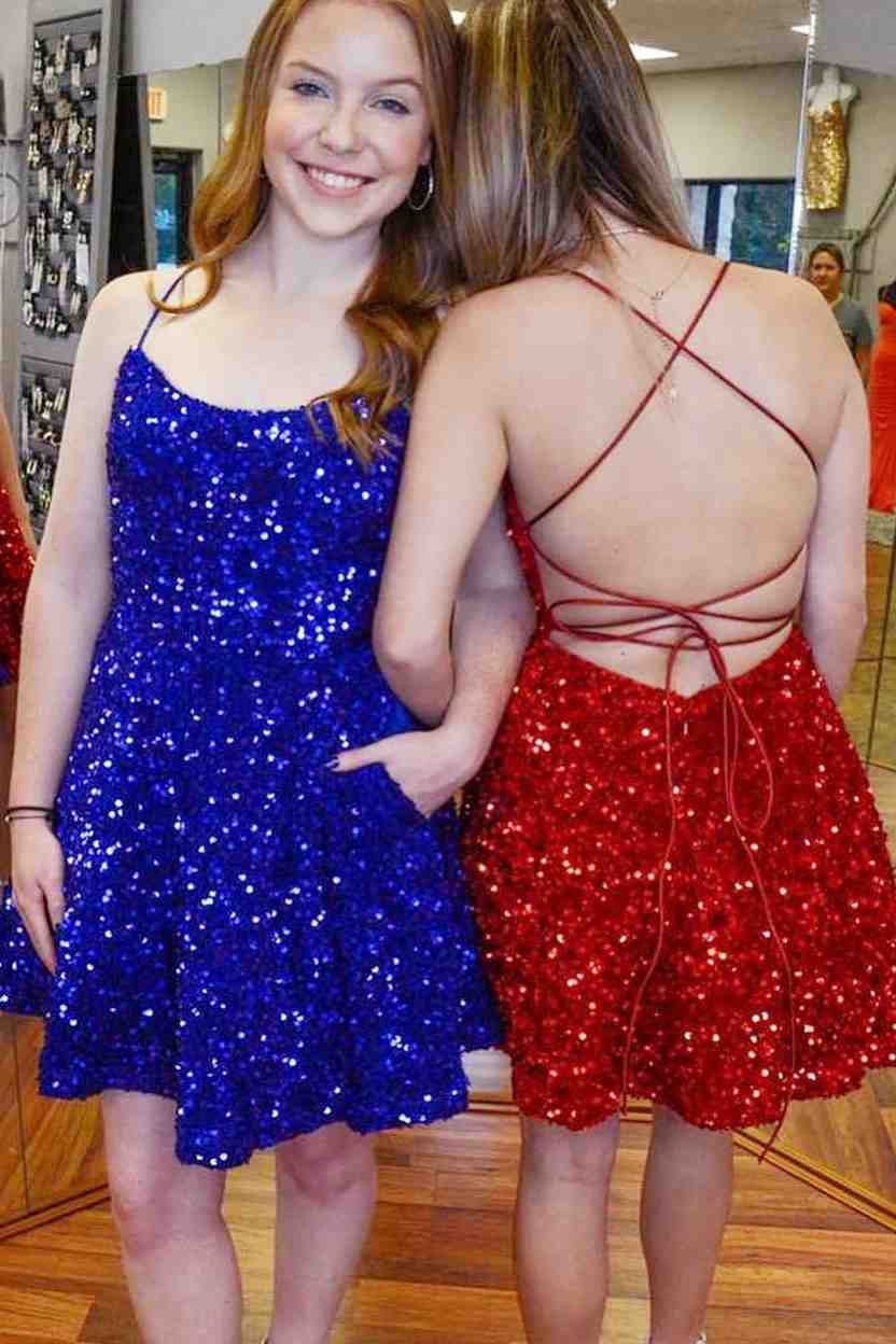 This tight short homecoming dress features hater neckline and sequins. –  FancyVestido