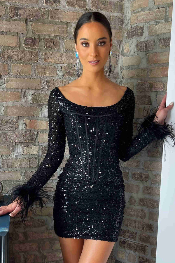 White Sequins Tight Homecoming Dress with Long Sleeves