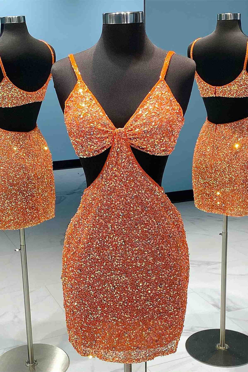 Cut Out Waist Orange Beaded Mini Homecoming Dress