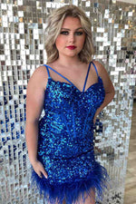 Feather Hem Red Sequins Bodycon Homecoming Dress