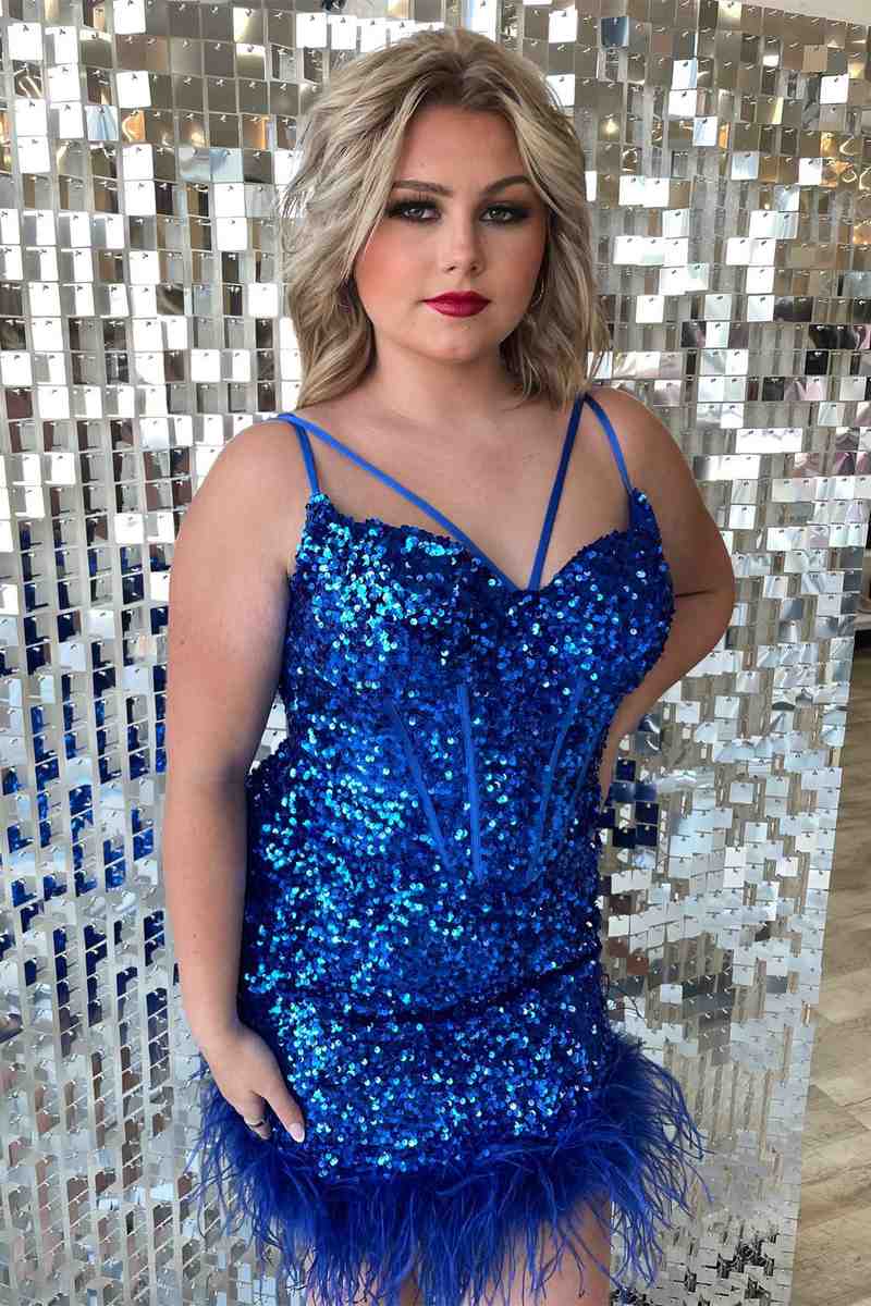 Feather Hem Red Sequins Bodycon Homecoming Dress