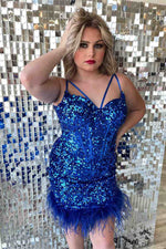 Feather Hem Red Sequins Bodycon Homecoming Dress