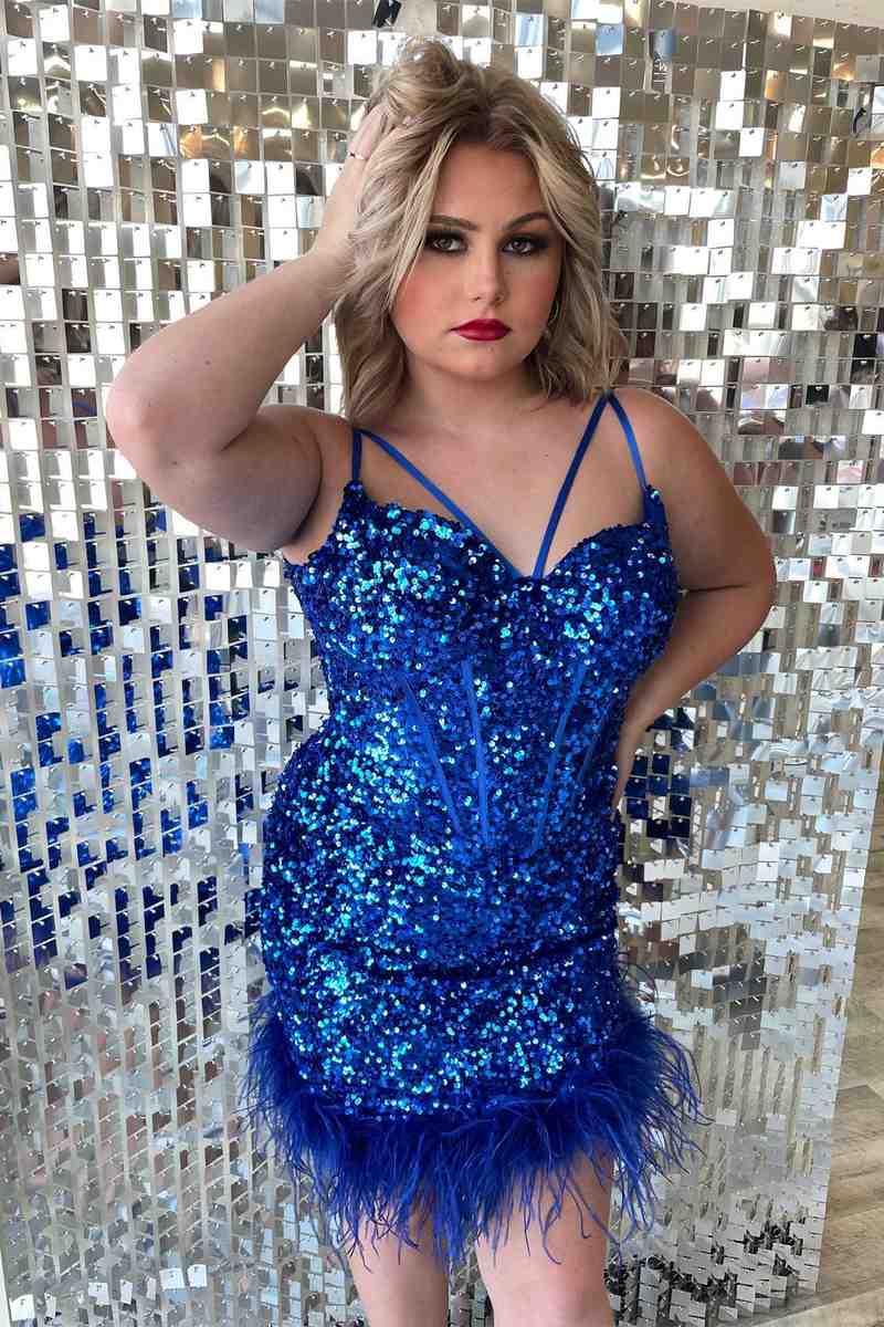 Feather Hem Red Sequins Bodycon Homecoming Dress