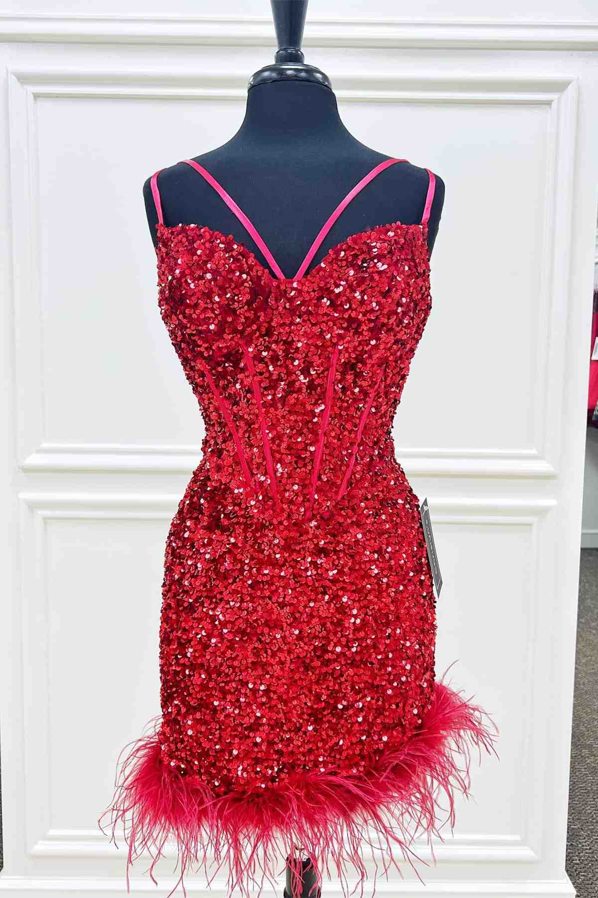 This tight short homecoming dress features hater neckline and sequins. –  FancyVestido