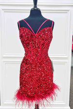 Feather Hem Red Sequins Bodycon Homecoming Dress