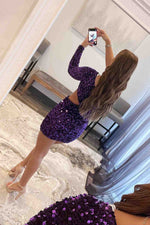 Long Sleeve One Shoulder Purple Bodycon Homecoming Dress