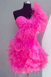 Ruffled Tulle Shoulder Hot Pink Short Homecoming Dress with Feather