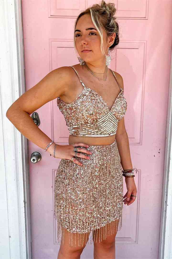 Rose Gold Hoco Dress Two Piece Rose Gold Sequined Bodycon