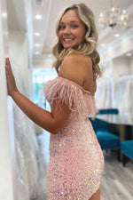 Short Sequin Off the Shoulder Pink Feather Bodycon Homecoming Dress
