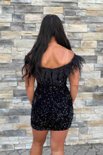 Short Sequin Off the Shoulder Pink Feather Bodycon Homecoming Dress