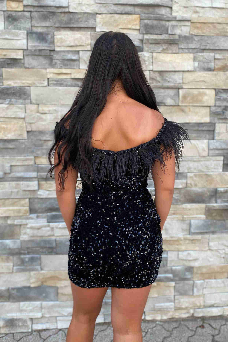 Short Sequin Off the Shoulder Pink Feather Bodycon Homecoming Dress