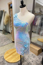 Tassel One Shoulder Sequined Homecoming Dress with Flowers