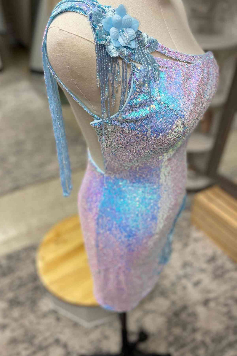 Tassel One Shoulder Sequined Homecoming Dress with Flowers