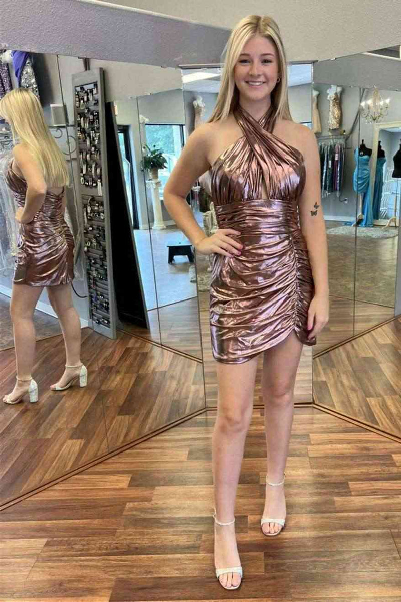 Pleated Halter Dusty Rose Mini Homecoming Dress