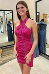 Pleated Halter Dusty Rose Mini Homecoming Dress