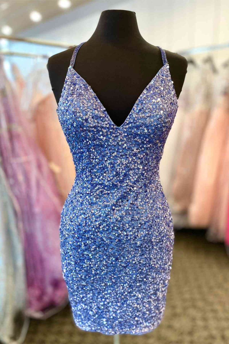 Straps Lavender V-Neck Sequined Mini Homecoming Dress