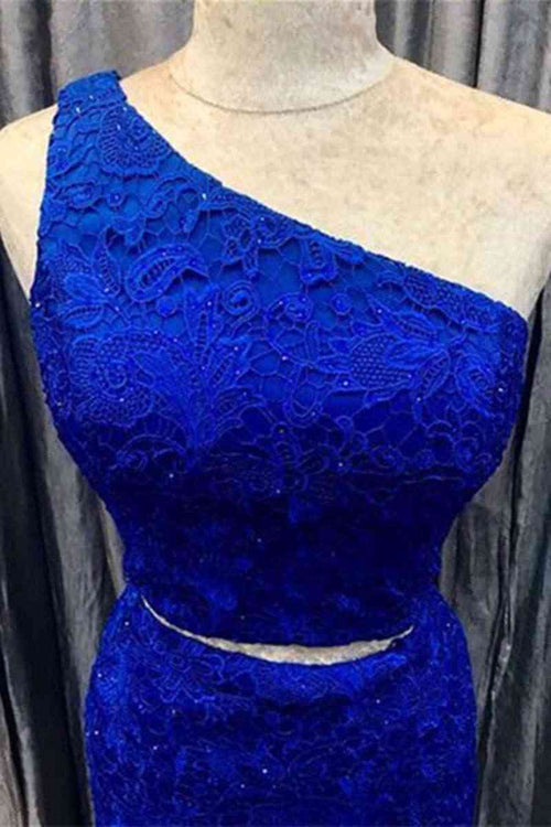One Shoulder Royal Blue Two Piece Lace Tight Homecoming Dress