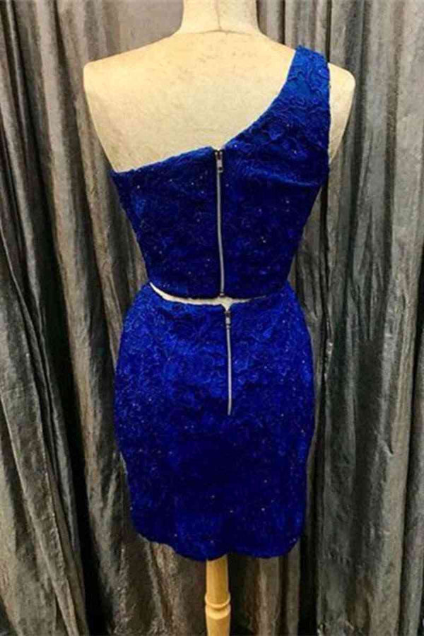 One Shoulder Royal Blue Two Piece Lace Tight Homecoming Dress
