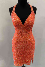 Halter Orange Sequins Bodycon Homecoming Dress with Tassel