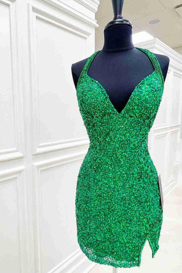 Halter Orange Sequins Bodycon Homecoming Dress with Tassel
