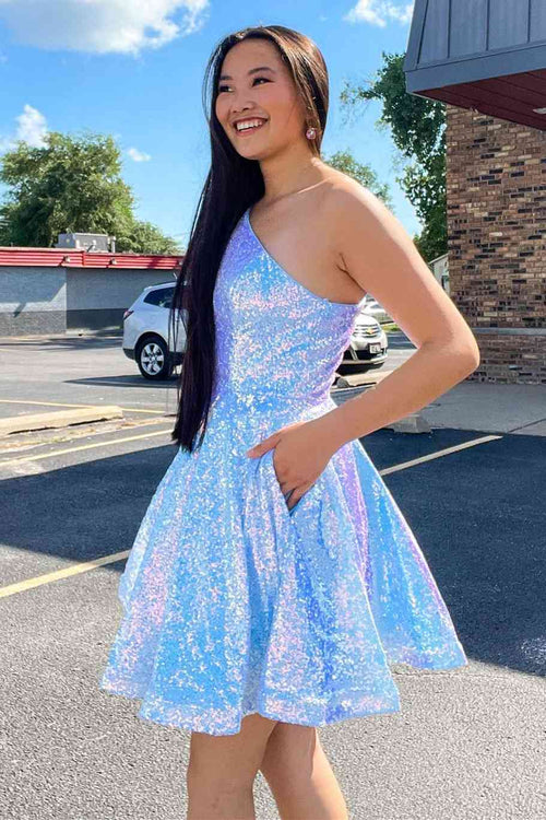 A-Line One Shoulder Sequined Short Homecoming Dress with Pockets