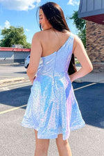 A-Line One Shoulder Sequined Short Homecoming Dress with Pockets