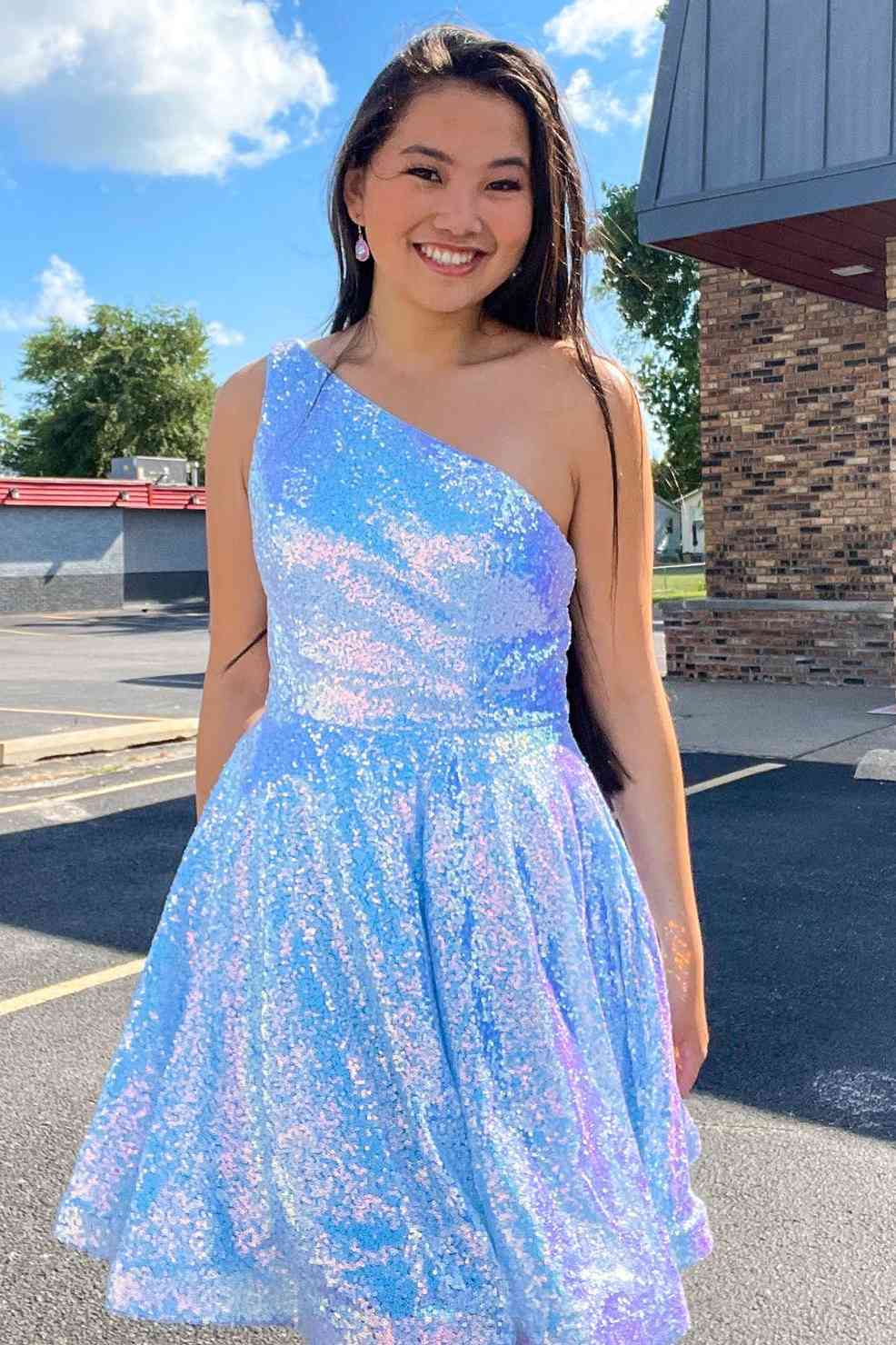 A-Line One Shoulder Sequined Short Homecoming Dress with Pockets