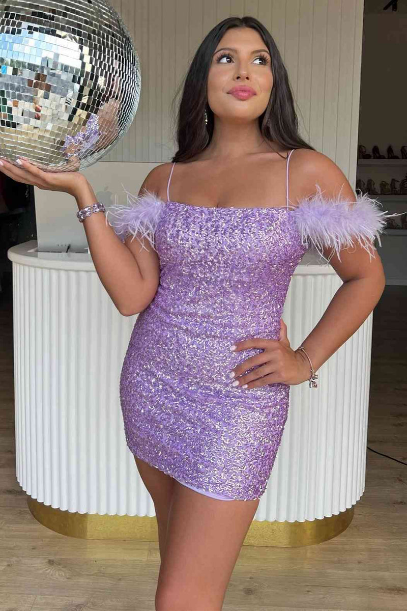 Feather Cold Shoulder Lilac Sequins Mini Homecoming Dress