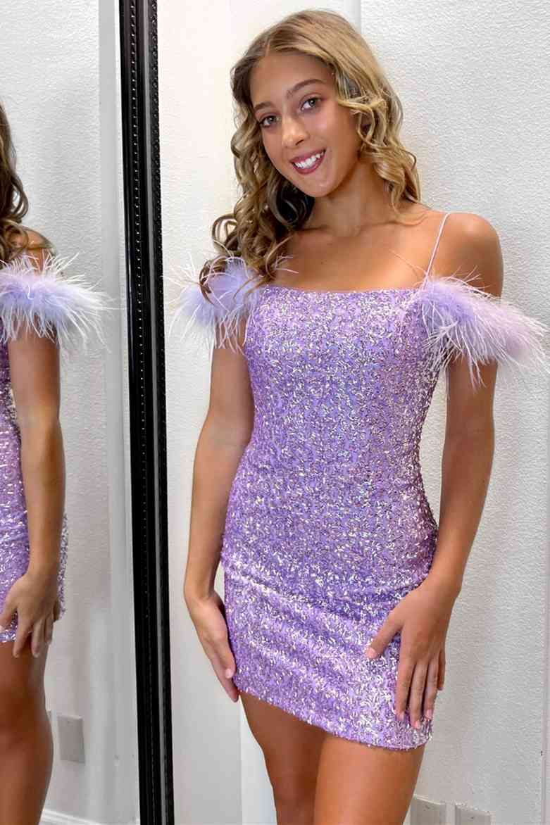Feather Cold Shoulder Lilac Sequins Mini Homecoming Dress