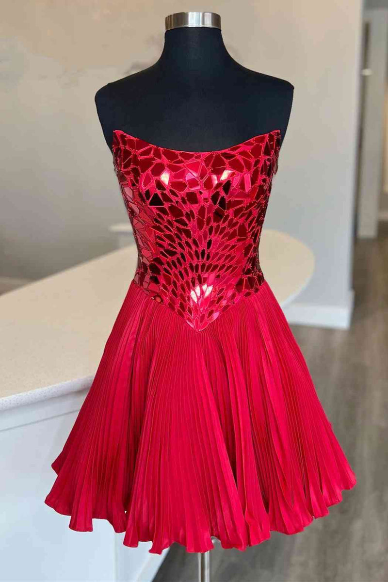 Strapless A-Line Red Cut Mirror Sequins Short Homecoming Dress