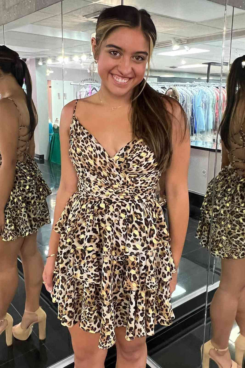 Lace-Back V-Neck Leopard Print A-Line Short Party Dress