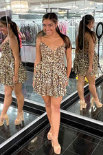 Lace-Back V-Neck Leopard Print A-Line Short Party Dress
