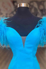 Fitted Feather Shoulder Blue Tight Homecoming Dress