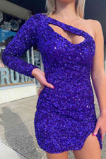 Sexy Purple Cut Out Top Sequined Tight Homecoming Dress