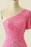 Short Sleeve One Shoulder Pink Mini Homecoming Dress