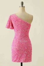 Short Sleeve One Shoulder Pink Mini Homecoming Dress
