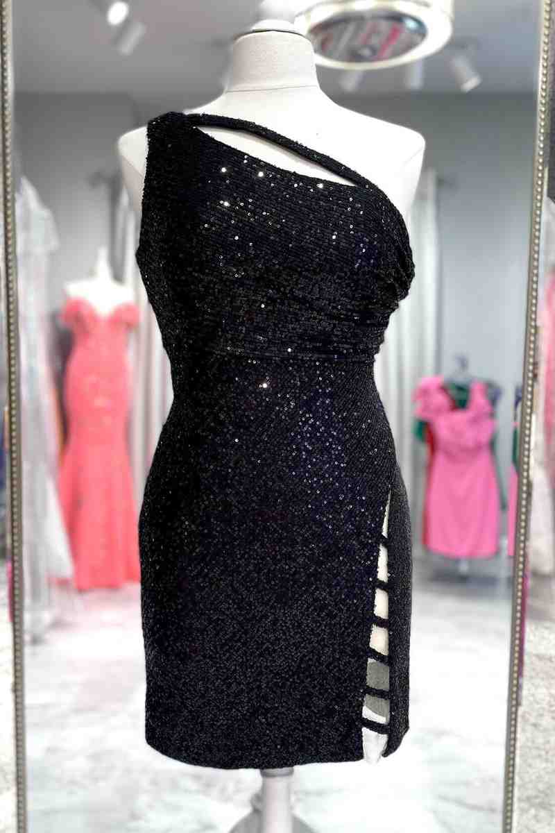 Cut Out Black One Shoulder Sequind Bodycon Homecoming Dress