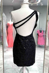 Cut Out Black One Shoulder Sequind Bodycon Homecoming Dress