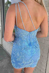 Short Light Blue One Shoulder Appliqued Homecoming Dress