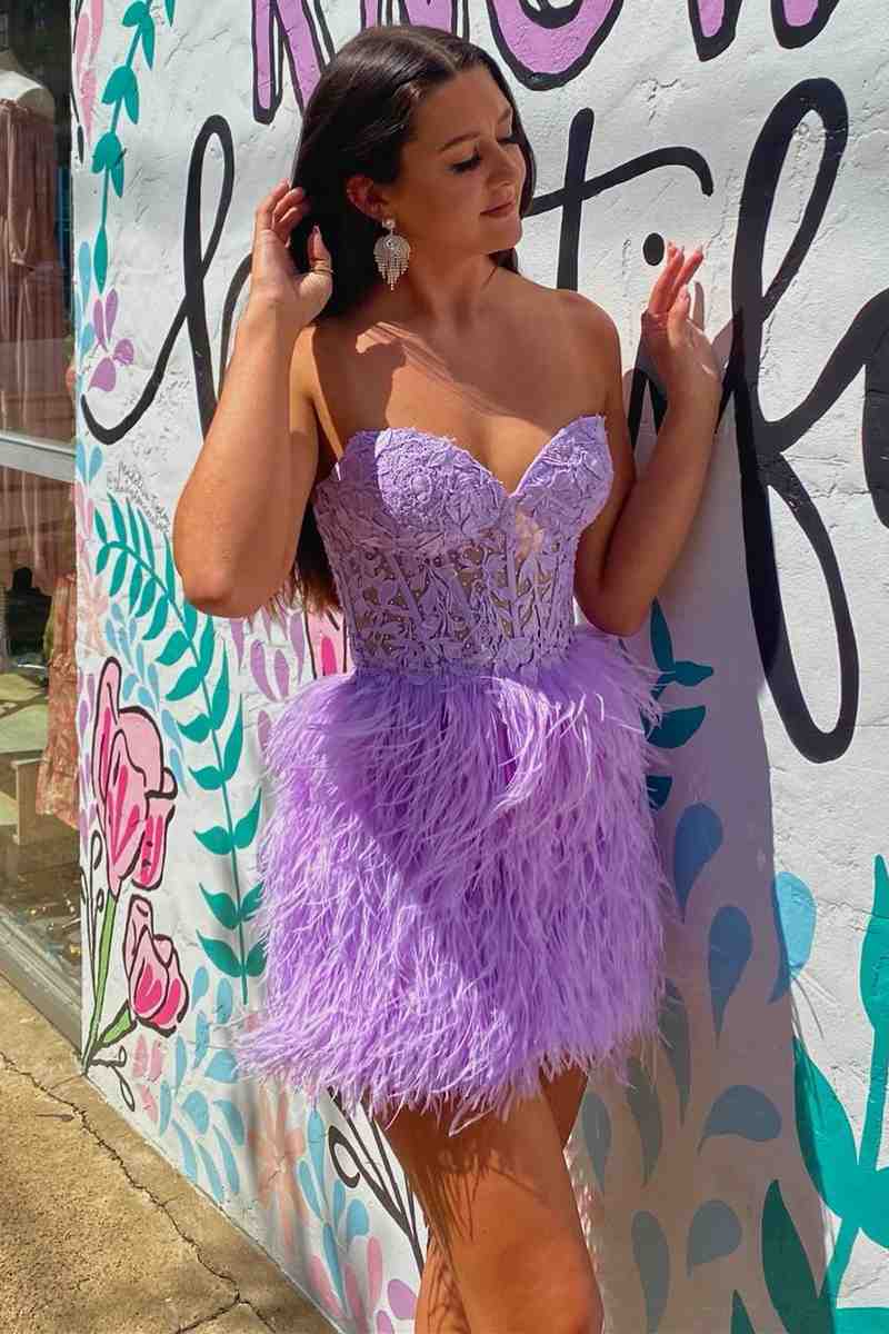 Sweetheart Feather Skirt Lavender Tight Homecoming Dress