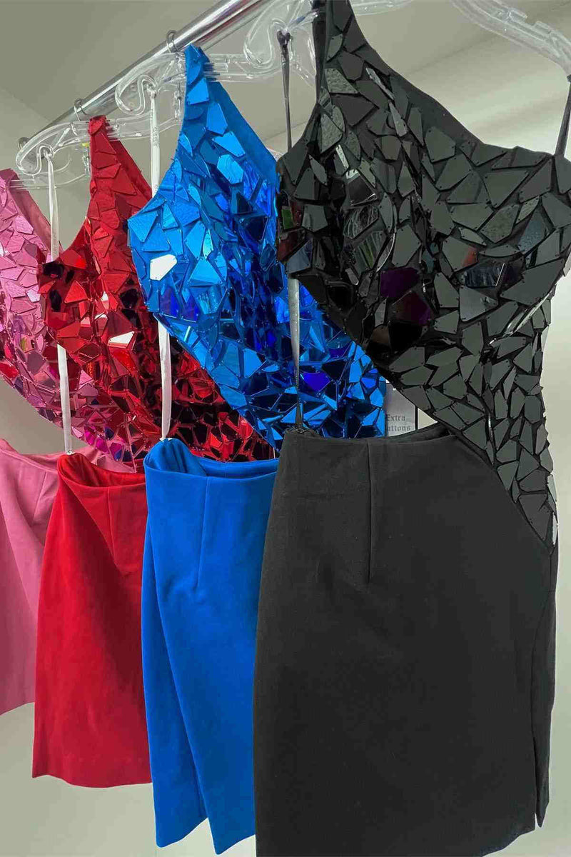 Cut Out Blue Glass Mirror Sequined Bodycon Homecoming Dress