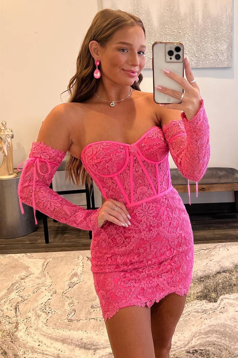 Hot Pink Lace Corset Short Homecoming Dress with Detachable Sleeves